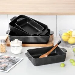 4-Piece Black Rectangular Stoneware Baking Dish Set With Handles Casserole And Lasagna Pan Bakeware -Vancasso Shop black vancasso bakeware sets vc forte a03 76 1000