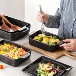 4-Piece Black Rectangular Stoneware Baking Dish Set With Handles Casserole And Lasagna Pan Bakeware -Vancasso Shop black vancasso bakeware sets vc forte a03 fa 1000