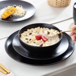 16-Piece Matte Black Stoneware Dinnerware Set Service For 4 Dishware Set With Plates Bowls And Mugs For Kitchen Dining -Vancasso Shop black vancasso dinnerware sets vc moda bk sl 44 1000