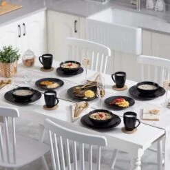 16-Piece Matte Black Stoneware Dinnerware Set Service For 4 Dishware Set With Plates Bowls And Mugs For Kitchen Dining