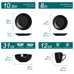 16-Piece Matte Black Stoneware Dinnerware Set Service For 4 Dishware Set With Plates Bowls And Mugs For Kitchen Dining -Vancasso Shop black vancasso dinnerware sets vc moda bk sl c3 1000