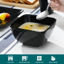 Series Soho 16-Piece Black Modern Porcelain Dinnerware Sets Square Dinner Plate Bowls Mugs (Service Set For 4) -Vancasso Shop black vancasso dinnerware sets vc soho bk 1f 1000