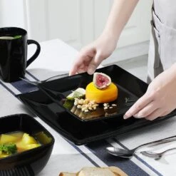 Series Soho 16-Piece Black Modern Porcelain Dinnerware Sets Square Dinner Plate Bowls Mugs (Service Set For 4) -Vancasso Shop black vancasso dinnerware sets vc soho bk 44 1000