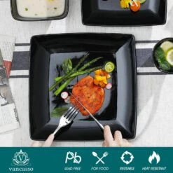 Series Soho 16-Piece Black Modern Porcelain Dinnerware Sets Square Dinner Plate Bowls Mugs (Service Set For 4) -Vancasso Shop black vancasso dinnerware sets vc soho bk 4f 1000