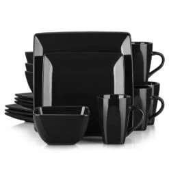 Series Soho 16-Piece Black Modern Porcelain Dinnerware Sets Square Dinner Plate Bowls Mugs (Service Set For 4)
