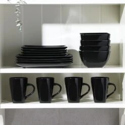 Series Soho 16-Piece Black Modern Porcelain Dinnerware Sets Square Dinner Plate Bowls Mugs (Service Set For 4) -Vancasso Shop black vancasso dinnerware sets vc soho bk 76 1000