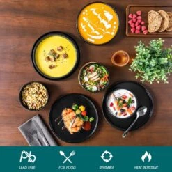 12-Piece Matte Black Stoneware Dinnerware Set Service For 4-Bowls And Plates Set Round Tableware Set 26 12-Piece Matte Black Stoneware Dinnerware Set Service For 4-Bowls And Plates Set Round Tableware Set -Vancasso Shop black vancasso dinnerware sets vc venus bk 12y 1f 1000