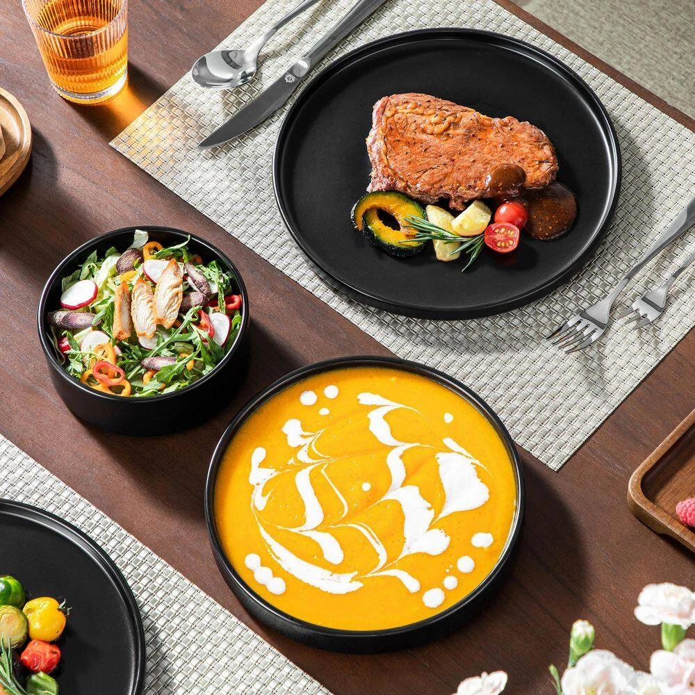 12-Piece Matte Black Stoneware Dinnerware Set Service For 4-Bowls And Plates Set Round Tableware Set 17 12-Piece Matte Black Stoneware Dinnerware Set Service For 4-Bowls And Plates Set Round Tableware Set - Image 15