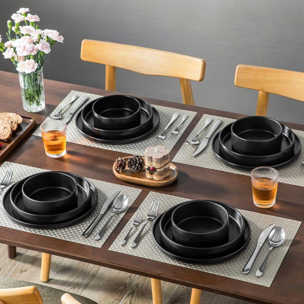 12-Piece Matte Black Stoneware Dinnerware Set Service For 4-Bowls And Plates Set Round Tableware Set 11 12-Piece Matte Black Stoneware Dinnerware Set Service For 4-Bowls And Plates Set Round Tableware Set - Image 9