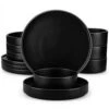 12-Piece Matte Black Stoneware Dinnerware Set Service For 4-Bowls And Plates Set Round Tableware Set 2 12-Piece Matte Black Stoneware Dinnerware Set Service For 4-Bowls And Plates Set Round Tableware Set -Vancasso Shop black vancasso dinnerware sets vc venus bk 12y 64 1000