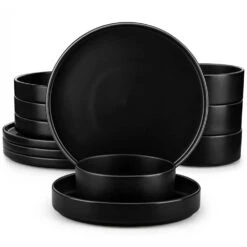 12-Piece Matte Black Stoneware Dinnerware Set Service For 4-Bowls And Plates Set Round Tableware Set
