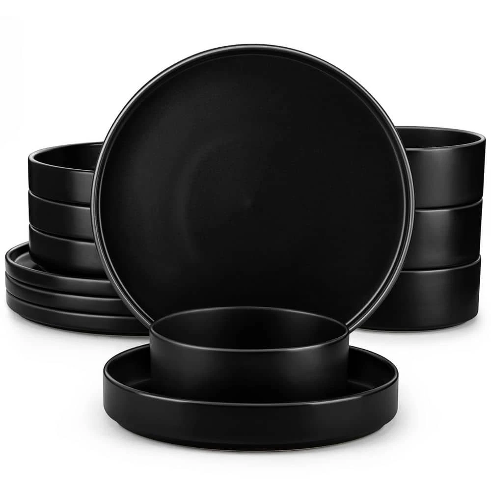12-Piece Matte Black Stoneware Dinnerware Set Service For 4-Bowls And Plates Set Round Tableware Set 3 12-Piece Matte Black Stoneware Dinnerware Set Service For 4-Bowls And Plates Set Round Tableware Set
