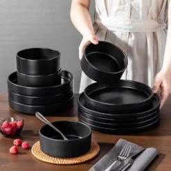 12-Piece Matte Black Stoneware Dinnerware Set Service For 4-Bowls And Plates Set Round Tableware Set 29 12-Piece Matte Black Stoneware Dinnerware Set Service For 4-Bowls And Plates Set Round Tableware Set -Vancasso Shop black vancasso dinnerware sets vc venus bk 12y 76 1000