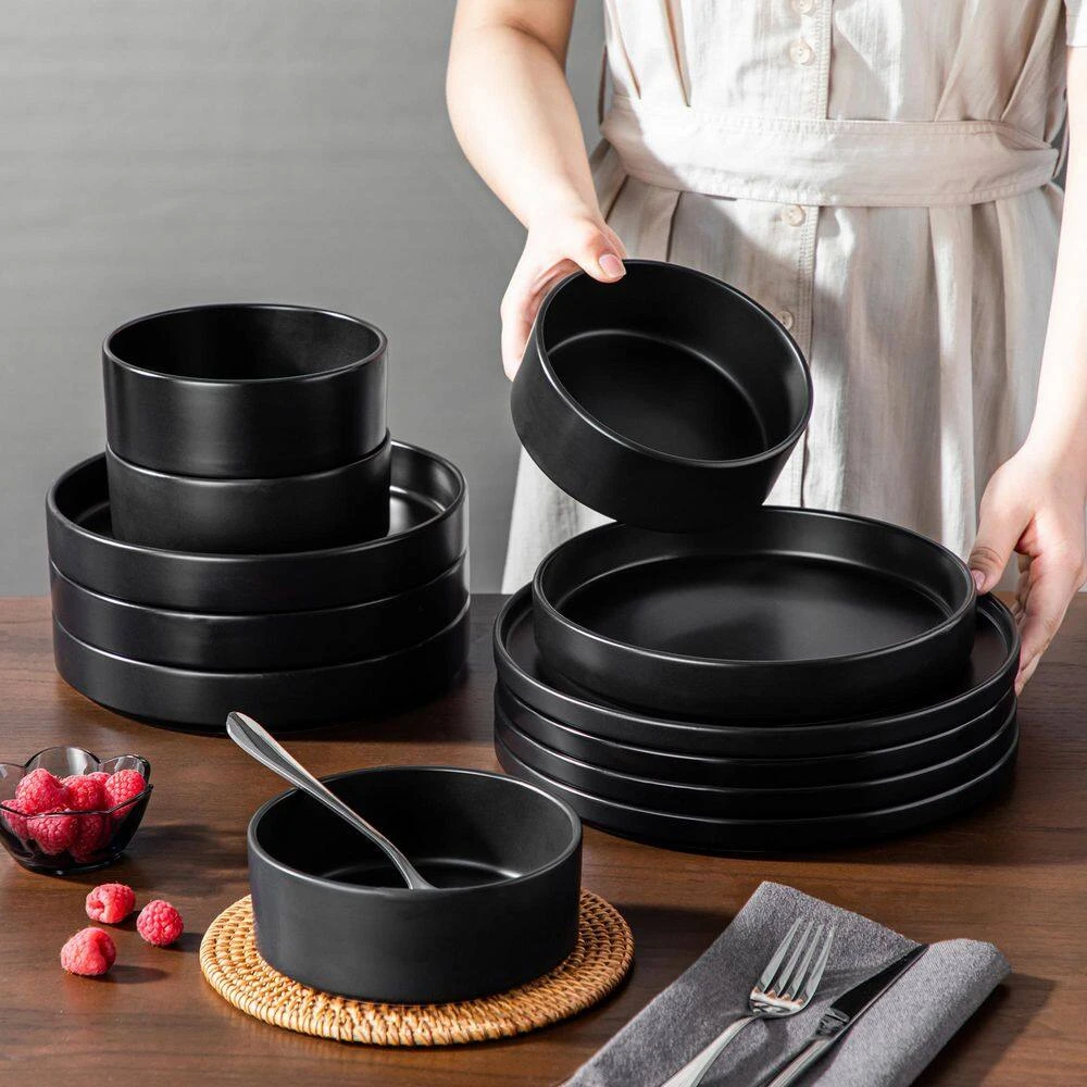 12-Piece Matte Black Stoneware Dinnerware Set Service For 4-Bowls And Plates Set Round Tableware Set 15 12-Piece Matte Black Stoneware Dinnerware Set Service For 4-Bowls And Plates Set Round Tableware Set - Image 13