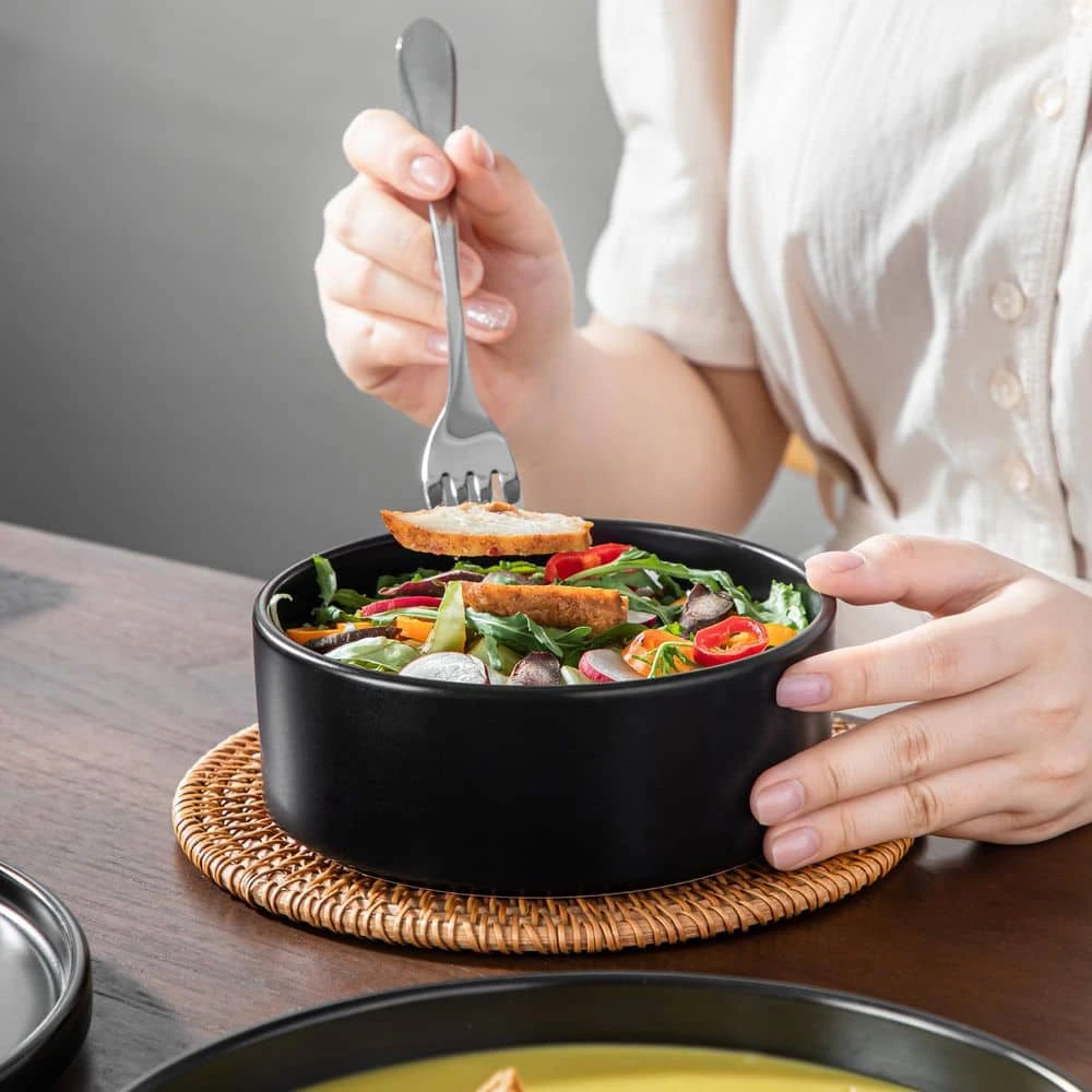 12-Piece Matte Black Stoneware Dinnerware Set Service For 4-Bowls And Plates Set Round Tableware Set 9 12-Piece Matte Black Stoneware Dinnerware Set Service For 4-Bowls And Plates Set Round Tableware Set - Image 7