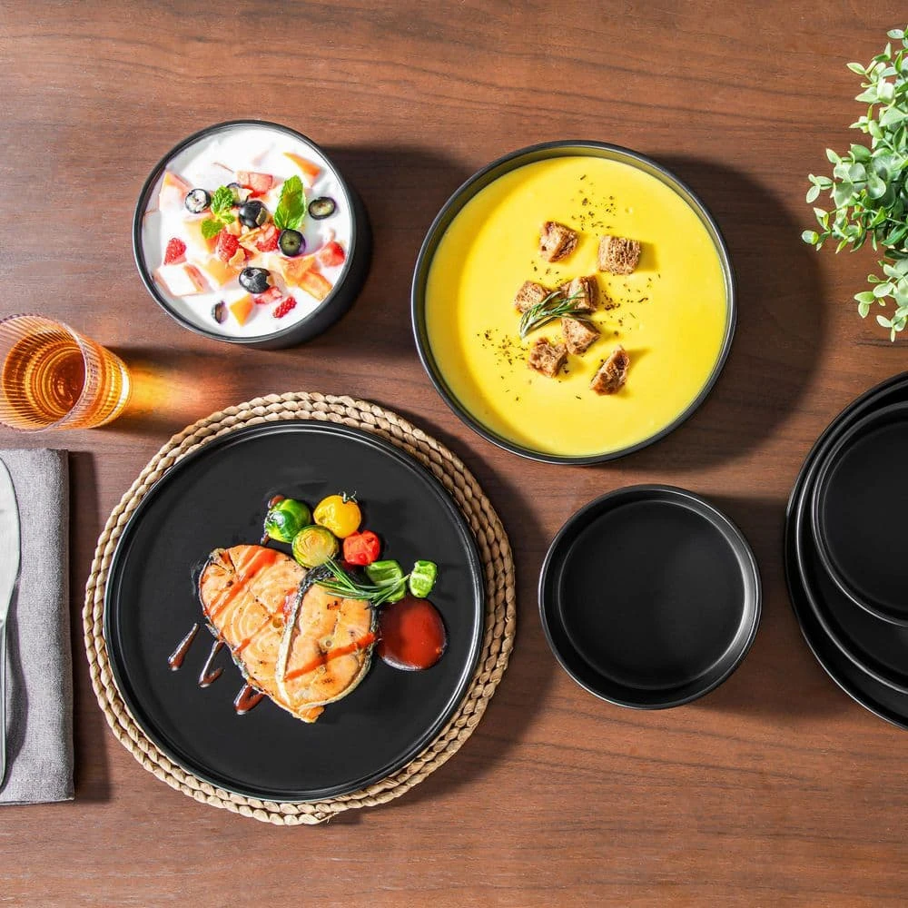 12-Piece Matte Black Stoneware Dinnerware Set Service For 4-Bowls And Plates Set Round Tableware Set 6 12-Piece Matte Black Stoneware Dinnerware Set Service For 4-Bowls And Plates Set Round Tableware Set - Image 4