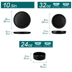12-Piece Matte Black Stoneware Dinnerware Set Service For 4-Bowls And Plates Set Round Tableware Set 24 12-Piece Matte Black Stoneware Dinnerware Set Service For 4-Bowls And Plates Set Round Tableware Set -Vancasso Shop black vancasso dinnerware sets vc venus bk 12y c3 1000