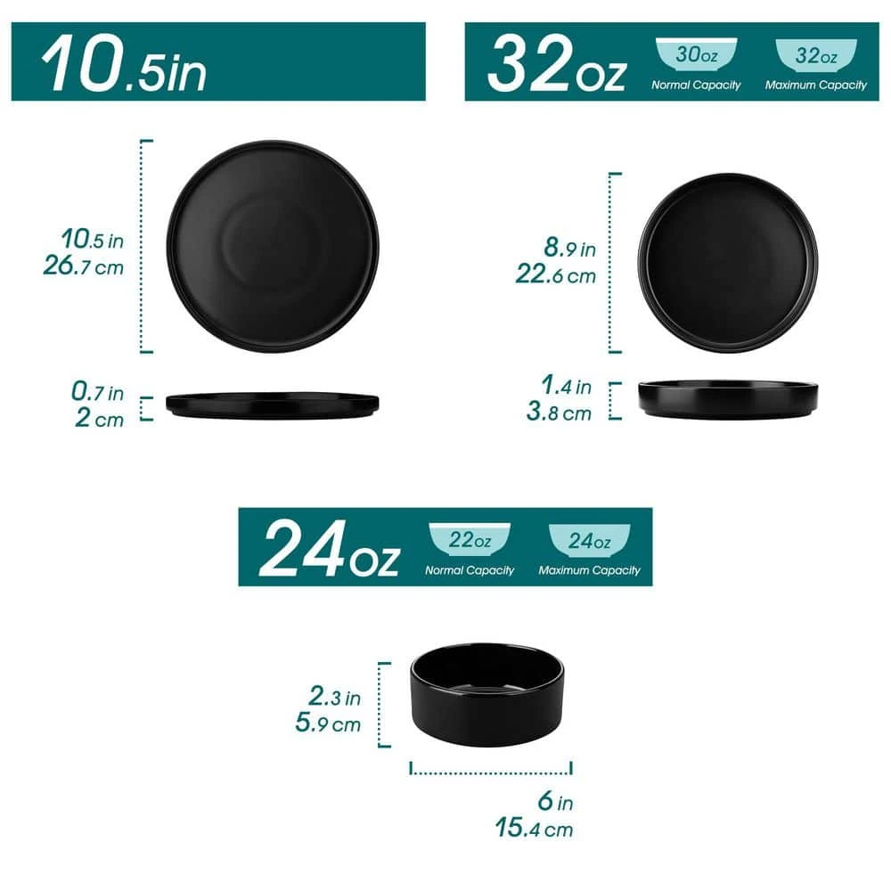 12-Piece Matte Black Stoneware Dinnerware Set Service For 4-Bowls And Plates Set Round Tableware Set 10 12-Piece Matte Black Stoneware Dinnerware Set Service For 4-Bowls And Plates Set Round Tableware Set - Image 8