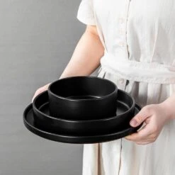 12-Piece Matte Black Stoneware Dinnerware Set Service For 4-Bowls And Plates Set Round Tableware Set 30 12-Piece Matte Black Stoneware Dinnerware Set Service For 4-Bowls And Plates Set Round Tableware Set -Vancasso Shop black vancasso dinnerware sets vc venus bk 12y d4 1000