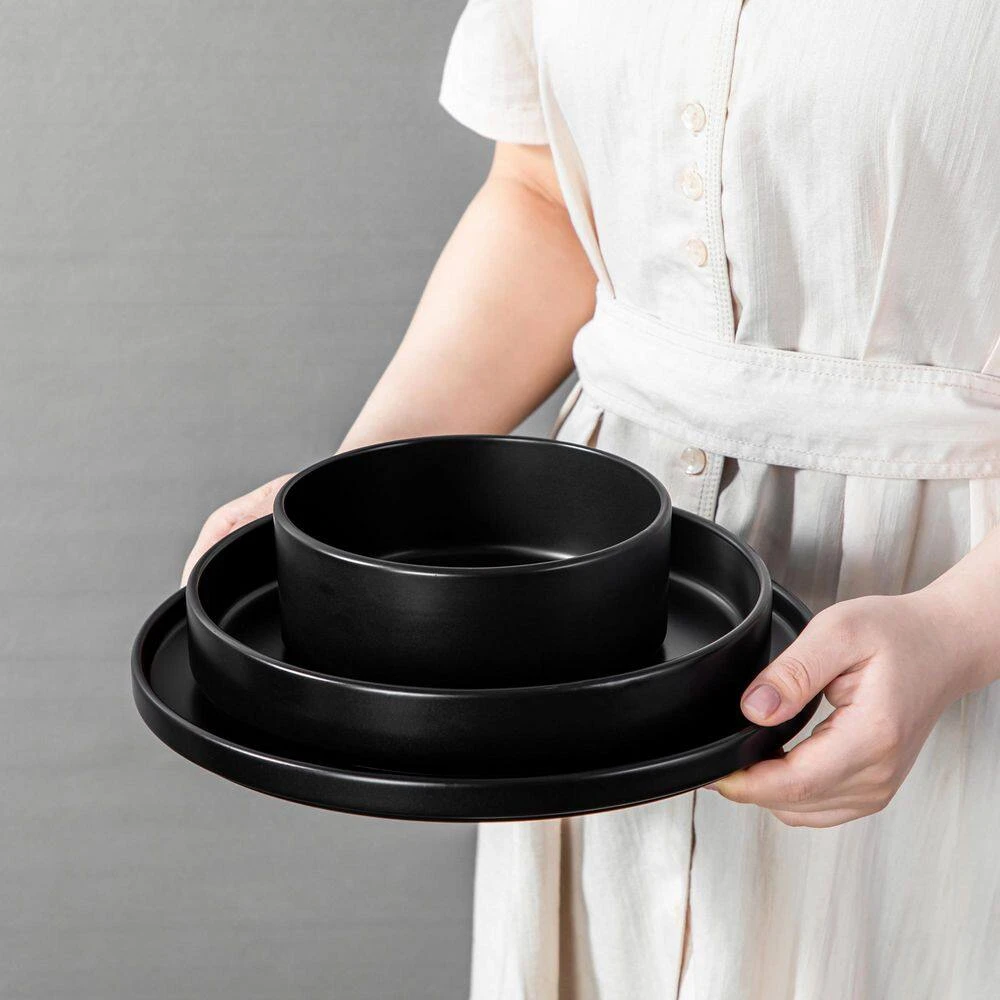 12-Piece Matte Black Stoneware Dinnerware Set Service For 4-Bowls And Plates Set Round Tableware Set 16 12-Piece Matte Black Stoneware Dinnerware Set Service For 4-Bowls And Plates Set Round Tableware Set - Image 14