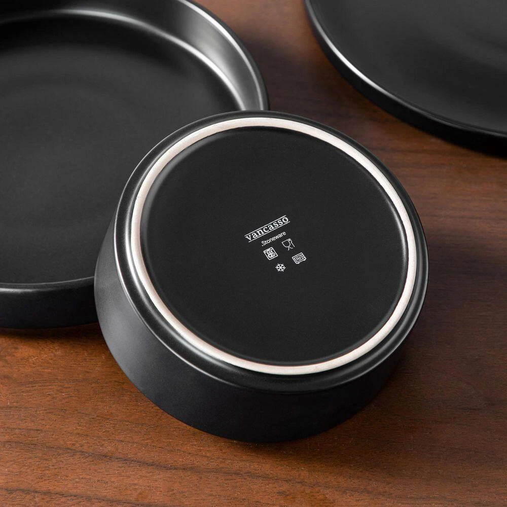 12-Piece Matte Black Stoneware Dinnerware Set Service For 4-Bowls And Plates Set Round Tableware Set 4 12-Piece Matte Black Stoneware Dinnerware Set Service For 4-Bowls And Plates Set Round Tableware Set - Image 2