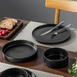 12-Piece Matte Black Stoneware Dinnerware Set Service For 4-Bowls And Plates Set Round Tableware Set 28 12-Piece Matte Black Stoneware Dinnerware Set Service For 4-Bowls And Plates Set Round Tableware Set -Vancasso Shop black vancasso dinnerware sets vc venus bk 12y fa 1000