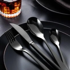 24-Piece Black Stainless Steel Flatware Set Silverware Set Serving Set Service For 6 -Vancasso Shop black vancasso serving sets vs sw a24 b 44 1000