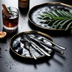 48-Piece Black Stainless Steel Flatware Set Silverware Set Serving Set Service For 12 -Vancasso Shop black vancasso serving sets vs sw a48 b 44 1000