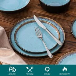 Series Amber 16-Piece Blue And Black Stoneware Dinnerware Set Service For 4 Bowls And Plates Dining Set Tableware -Vancasso Shop blue and black vancasso dinnerware sets vc amber b 16 1f 1000