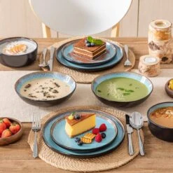 Series Amber 16-Piece Blue And Black Stoneware Dinnerware Set Service For 4 Bowls And Plates Dining Set Tableware -Vancasso Shop blue and black vancasso dinnerware sets vc amber b 16 31 1000