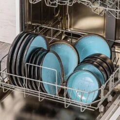 Series Amber 16-Piece Blue And Black Stoneware Dinnerware Set Service For 4 Bowls And Plates Dining Set Tableware -Vancasso Shop blue and black vancasso dinnerware sets vc amber b 16 44 1000