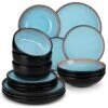 Series Amber 16-Piece Blue And Black Stoneware Dinnerware Set Service For 4 Bowls And Plates Dining Set Tableware