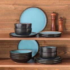 Series Amber 16-Piece Blue And Black Stoneware Dinnerware Set Service For 4 Bowls And Plates Dining Set Tableware -Vancasso Shop blue and black vancasso dinnerware sets vc amber b 16 76 1000