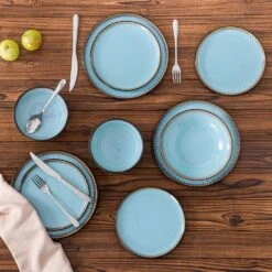 Series Amber 16-Piece Blue And Black Stoneware Dinnerware Set Service For 4 Bowls And Plates Dining Set Tableware -Vancasso Shop blue and black vancasso dinnerware sets vc amber b 16 a0 1000