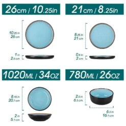 Series Amber 16-Piece Blue And Black Stoneware Dinnerware Set Service For 4 Bowls And Plates Dining Set Tableware -Vancasso Shop blue and black vancasso dinnerware sets vc amber b 16 c3 1000