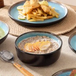 Series Amber 16-Piece Blue And Black Stoneware Dinnerware Set Service For 4 Bowls And Plates Dining Set Tableware -Vancasso Shop blue and black vancasso dinnerware sets vc amber b 16 d4 1000