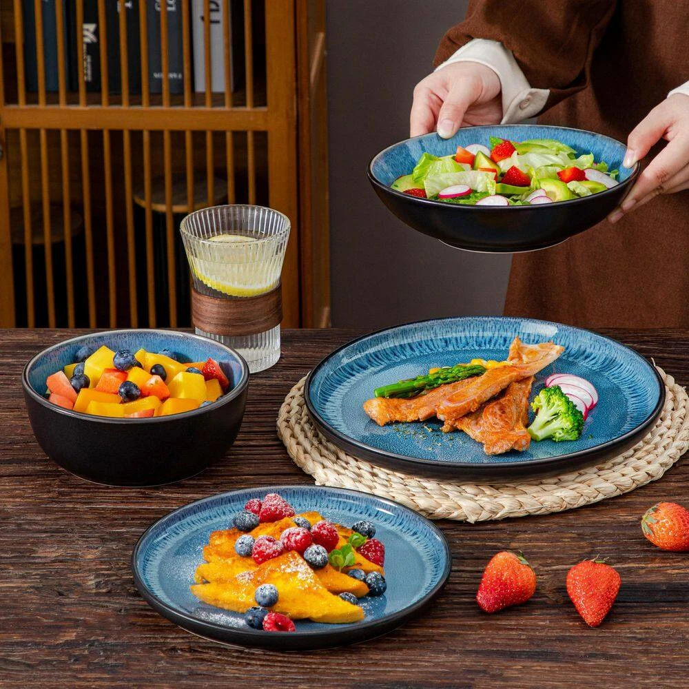 16-Piece Blue And Black Stoneware Dinnerware Set Service For 4 With Dinner Plate Dessert Plate Pasta Bowl Cereal Bowl 10 16-Piece Blue And Black Stoneware Dinnerware Set Service For 4 With Dinner Plate Dessert Plate Pasta Bowl Cereal Bowl - Image 8