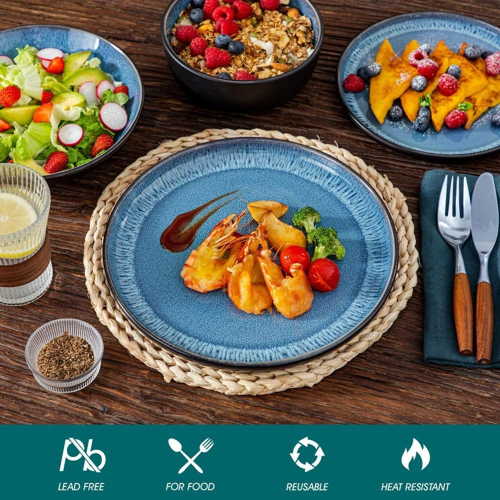 16-Piece Blue And Black Stoneware Dinnerware Set Service For 4 With Dinner Plate Dessert Plate Pasta Bowl Cereal Bowl 5 16-Piece Blue And Black Stoneware Dinnerware Set Service For 4 With Dinner Plate Dessert Plate Pasta Bowl Cereal Bowl - Image 3