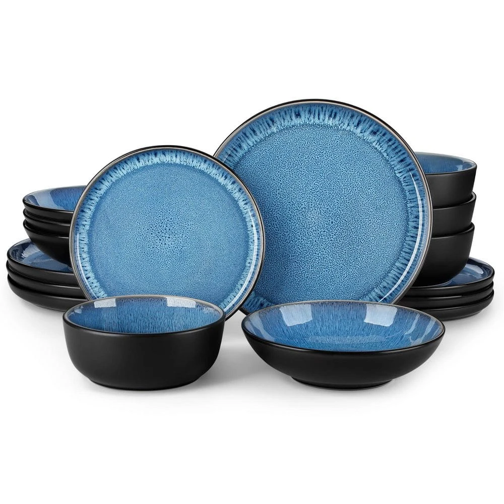 16-Piece Blue And Black Stoneware Dinnerware Set Service For 4 With Dinner Plate Dessert Plate Pasta Bowl Cereal Bowl 4 16-Piece Blue And Black Stoneware Dinnerware Set Service For 4 With Dinner Plate Dessert Plate Pasta Bowl Cereal Bowl - Image 2