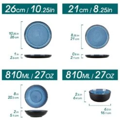 16-Piece Blue And Black Stoneware Dinnerware Set Service For 4 With Dinner Plate Dessert Plate Pasta Bowl Cereal Bowl