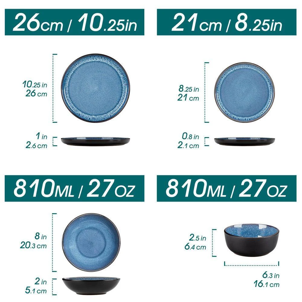 16-Piece Blue And Black Stoneware Dinnerware Set Service For 4 With Dinner Plate Dessert Plate Pasta Bowl Cereal Bowl 3 16-Piece Blue And Black Stoneware Dinnerware Set Service For 4 With Dinner Plate Dessert Plate Pasta Bowl Cereal Bowl