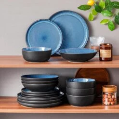 16-Piece Blue And Black Stoneware Dinnerware Set Service For 4 With Dinner Plate Dessert Plate Pasta Bowl Cereal Bowl 15 16-Piece Blue And Black Stoneware Dinnerware Set Service For 4 With Dinner Plate Dessert Plate Pasta Bowl Cereal Bowl -Vancasso Shop blue and black vancasso dinnerware sets vc pla b 16 eu fa 1000