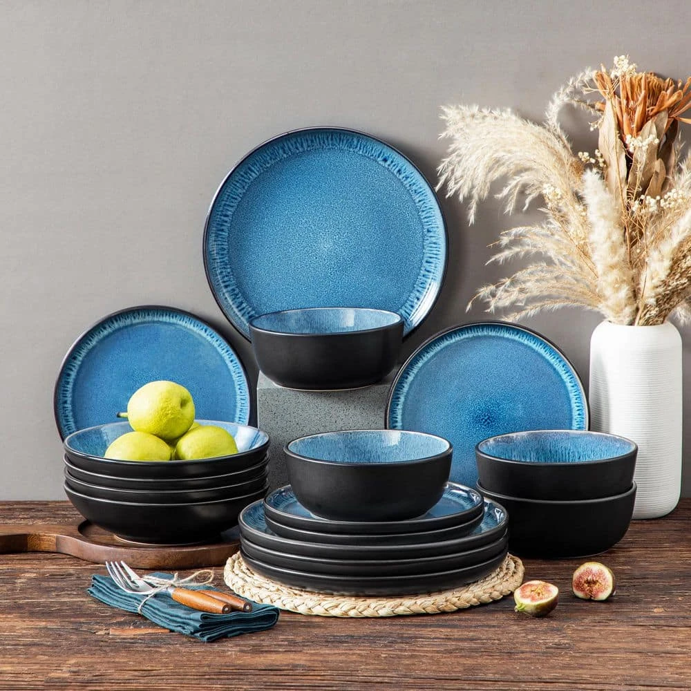 16-Piece Blue And Black Stoneware Dinnerware Set Service For 4 Tableware Bowls And Plates Dining Set Dishware Set 9 16-Piece Blue And Black Stoneware Dinnerware Set Service For 4 Tableware Bowls And Plates Dining Set Dishware Set - Image 7
