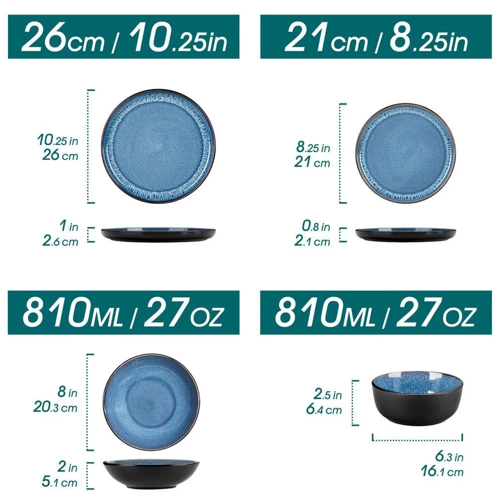 16-Piece Blue And Black Stoneware Dinnerware Set Service For 4 Tableware Bowls And Plates Dining Set Dishware Set 4 16-Piece Blue And Black Stoneware Dinnerware Set Service For 4 Tableware Bowls And Plates Dining Set Dishware Set - Image 2