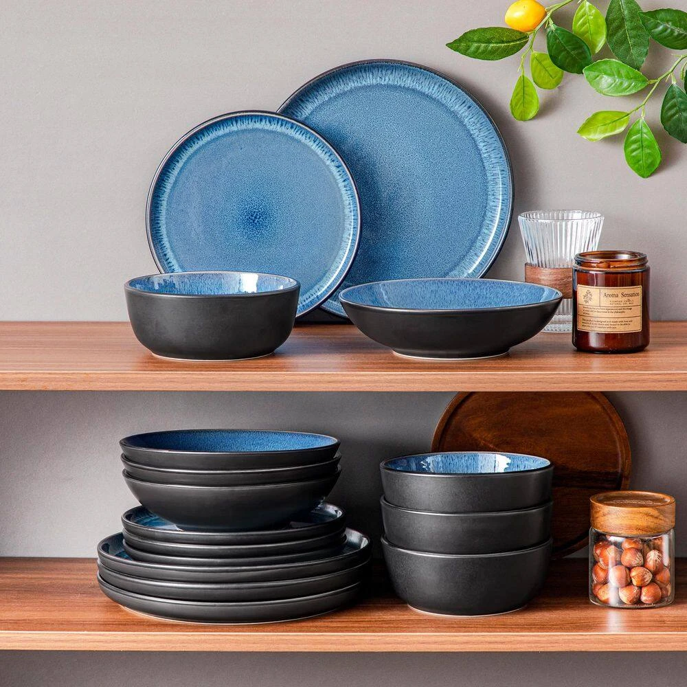 16-Piece Blue And Black Stoneware Dinnerware Set Service For 4 Tableware Bowls And Plates Dining Set Dishware Set 8 16-Piece Blue And Black Stoneware Dinnerware Set Service For 4 Tableware Bowls And Plates Dining Set Dishware Set - Image 6