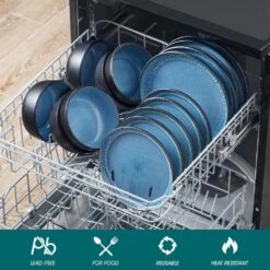 18-Piece Blue And Black Stoneware Dinnerware Set Service For 6 With Dinner Plates Dessert Plates And Cereal Bowls -Vancasso Shop blue and black vancasso dinnerware sets vc pla b 18 eu 1f 1000