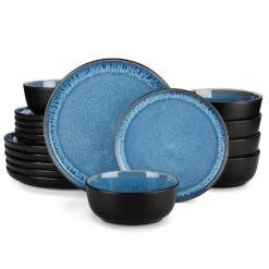 18-Piece Blue And Black Stoneware Dinnerware Set Service For 6 With Dinner Plates Dessert Plates And Cereal Bowls