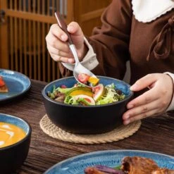 18-Piece Blue And Black Stoneware Dinnerware Set Service For 6 With Dinner Plates Dessert Plates And Cereal Bowls -Vancasso Shop blue and black vancasso dinnerware sets vc pla b 18 eu 66 1000