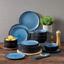 18-Piece Blue And Black Stoneware Dinnerware Set Service For 6 With Dinner Plates Dessert Plates And Cereal Bowls -Vancasso Shop blue and black vancasso dinnerware sets vc pla b 18 eu d4 1000
