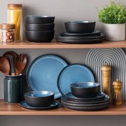 18-Piece Blue And Black Stoneware Dinnerware Set Service For 6 With Dinner Plates Dessert Plates And Cereal Bowls -Vancasso Shop blue and black vancasso dinnerware sets vc pla b 18 eu fa 1000 1